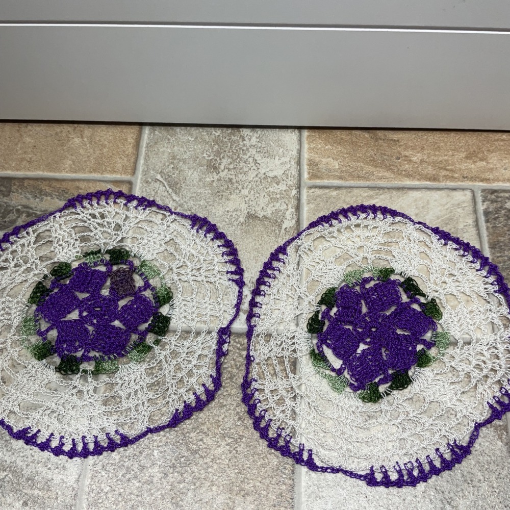 Vintage Handmade Crochet Floral Doilies Set of 2 Purple White Lace 8.5 Inch